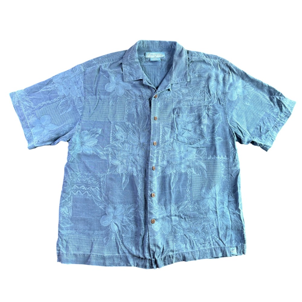Bermuda Bay Mens XL Blue 100% Silk Floral Jacquard Hawaiian Button Up Shirt
